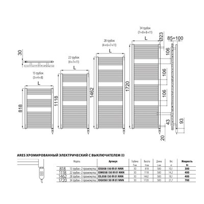 Полотенцесушитель электрический IRSAP Ares/Electric EI 1118/580 22 трубки хром — фото 5