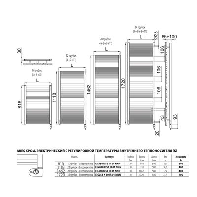 Полотенцесушитель электрический IRSAP Ares/Electric EK 1462/580 28 трубок хром — фото 5