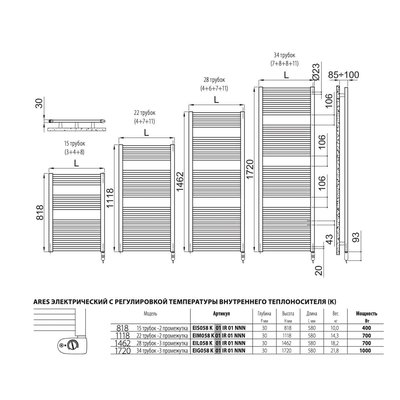 Полотенцесушитель электрический IRSAP Ares/Electric EK 818/580 15 трубок белый — фото 4